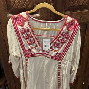 Free People Cream Dress with Red and Pink Embroidery